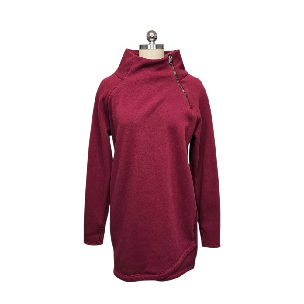 Athleta Cozy Karma Asym Sweatshirt Dress Burgundy Fleece Lined Tunic Size Medium